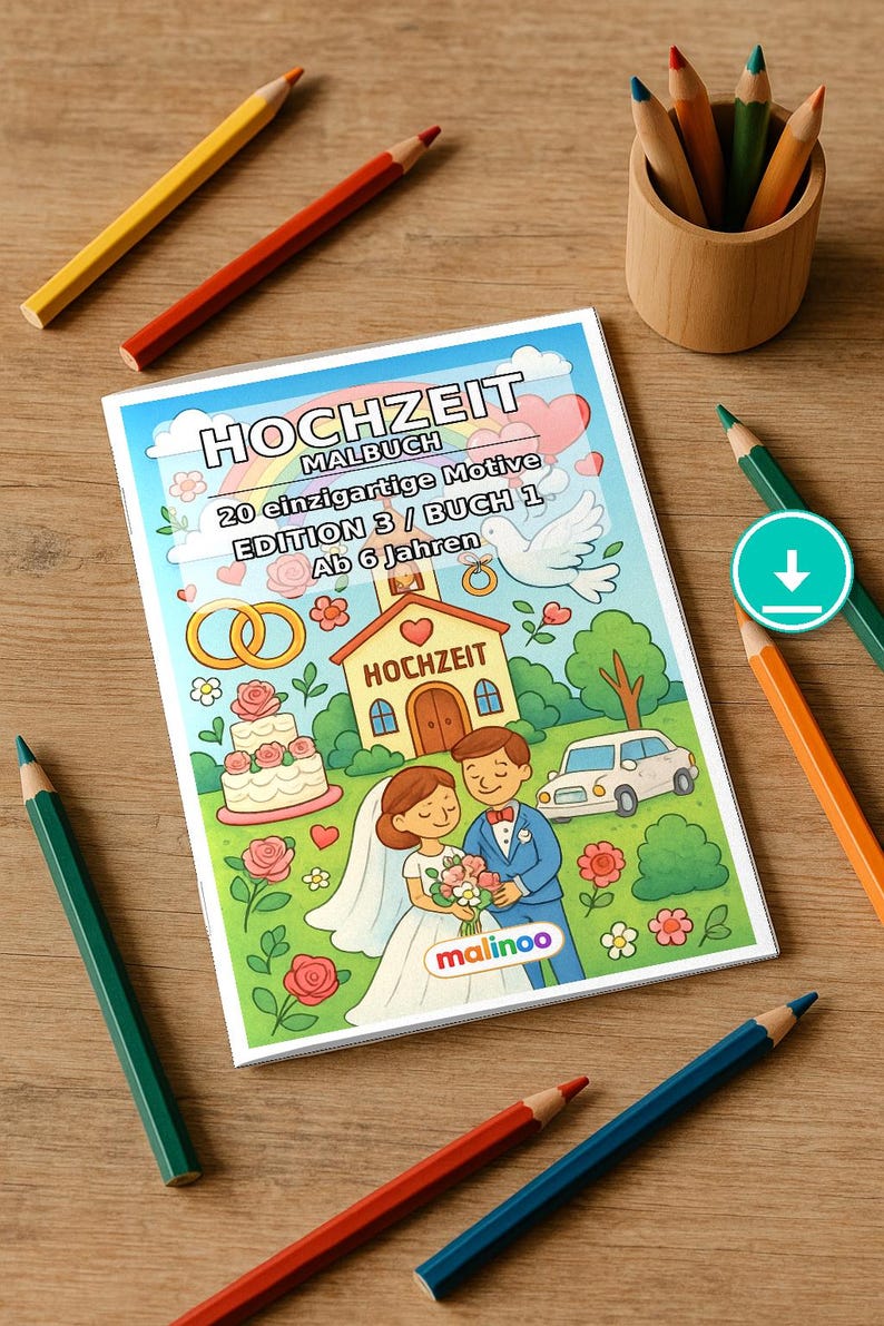 Wedding coloring book as a PDF for children – varied motifs for kindergarten and school children – 20 coloring pages E1/B3 image 1