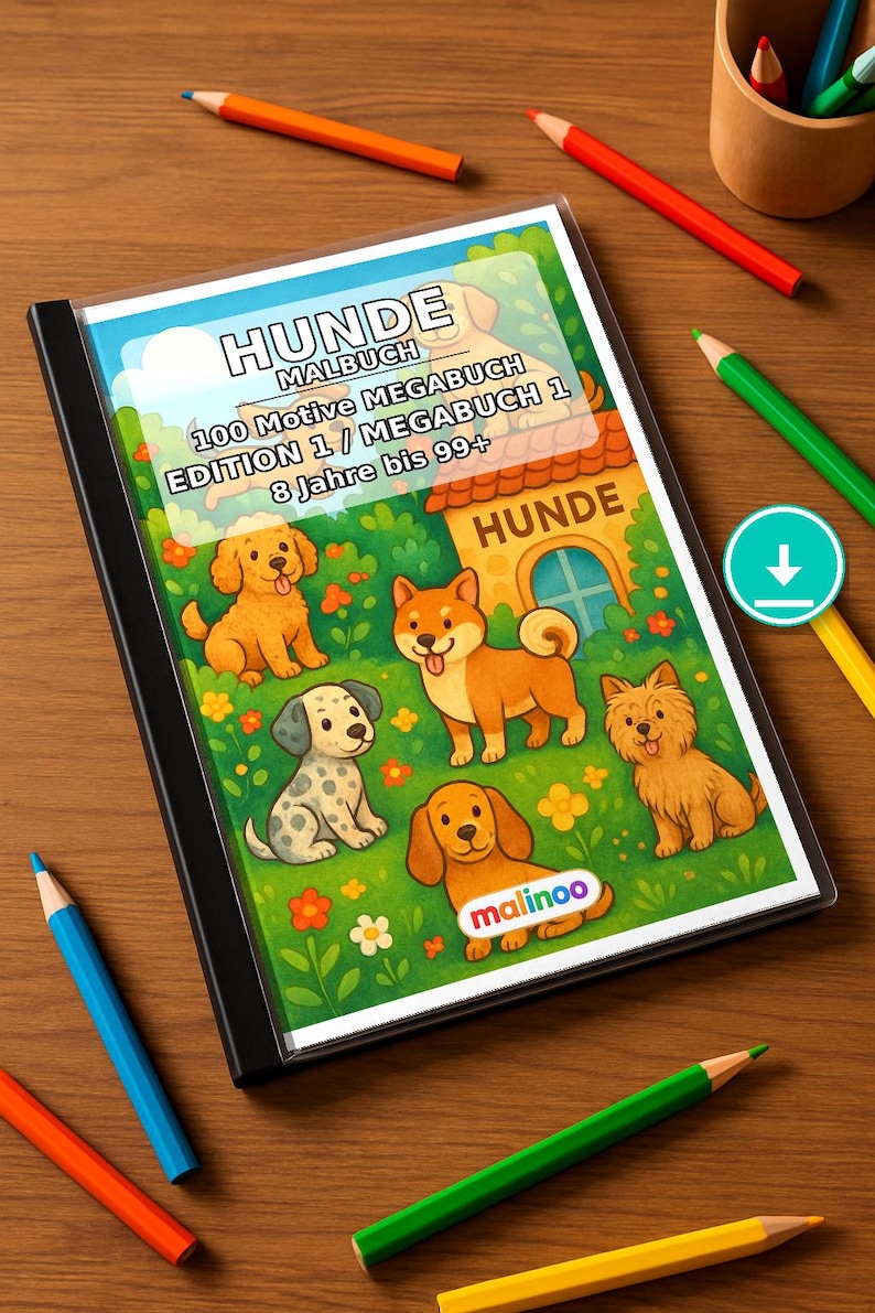 Hunde Malbuch Kinder – 100 Ausmalbilder – PDF Download E1/B1 (DIN-A4) – Geschenk, Beschäftigung, Adventskalender, Geburtstag Bild 1