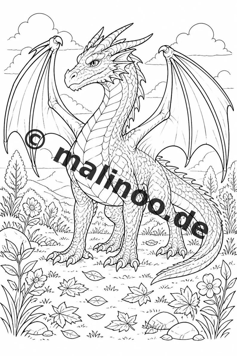 Drachen Malbuch Kinder – 100 Ausmalbilder – PDF Download E1/B1 (DIN-A4) – Geschenk, Beschäftigung, Adventskalender, Geburtstag Bild 3