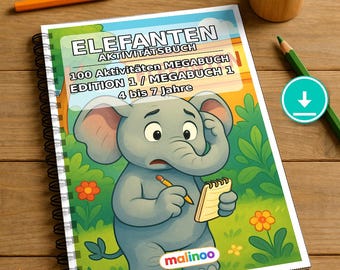 Libro di attività con elefanti per bambini – 100 pagine di puzzle e attività – Download PDF E1/B1 (DIN-A4) – Regalo, Attività, Calendario dell'Avvento