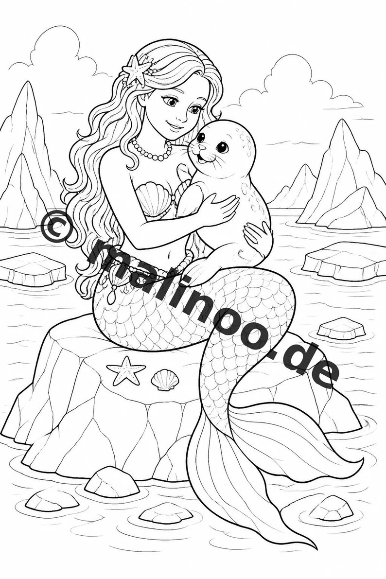Libro da colorare di sirene per bambini – 100 pagine da colorare – Download PDF E1/B2 (DIN-A4) – Regalo, Attività, Calendario dell'Avvento, Compleanno immagine 4