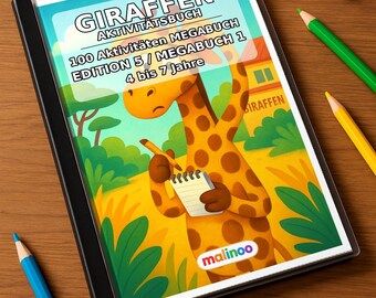 Giraffen Aktivitätsbuch Kinder – 100 Rätsel- und Aktivitätsseiten – gedruckt+gebunden E1/B1, 1-seitig (DIN-A4) – Geschenk, Beschäftigung