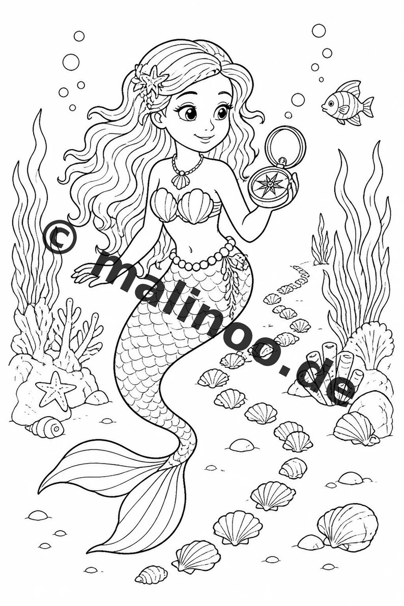 Libro da colorare di sirene per bambini – 100 pagine da colorare – Download PDF E1/B2 (DIN-A4) – Regalo, Attività, Calendario dell'Avvento, Compleanno immagine 11