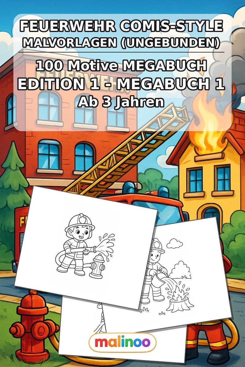 Livro de colorir infantil em estilo de quadrinhos sobre bombeiros – 100 páginas para colorir – Impresso + Folhas soltas E1/B1 (DIN A4) – Presente, atividade, calendário do Advento imagem 2