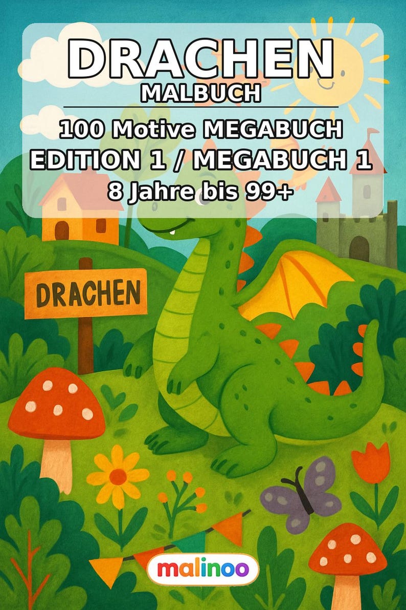 Drachen Malbuch Kinder – 100 Ausmalbilder – PDF Download E1/B1 (DIN-A4) – Geschenk, Beschäftigung, Adventskalender, Geburtstag Bild 2