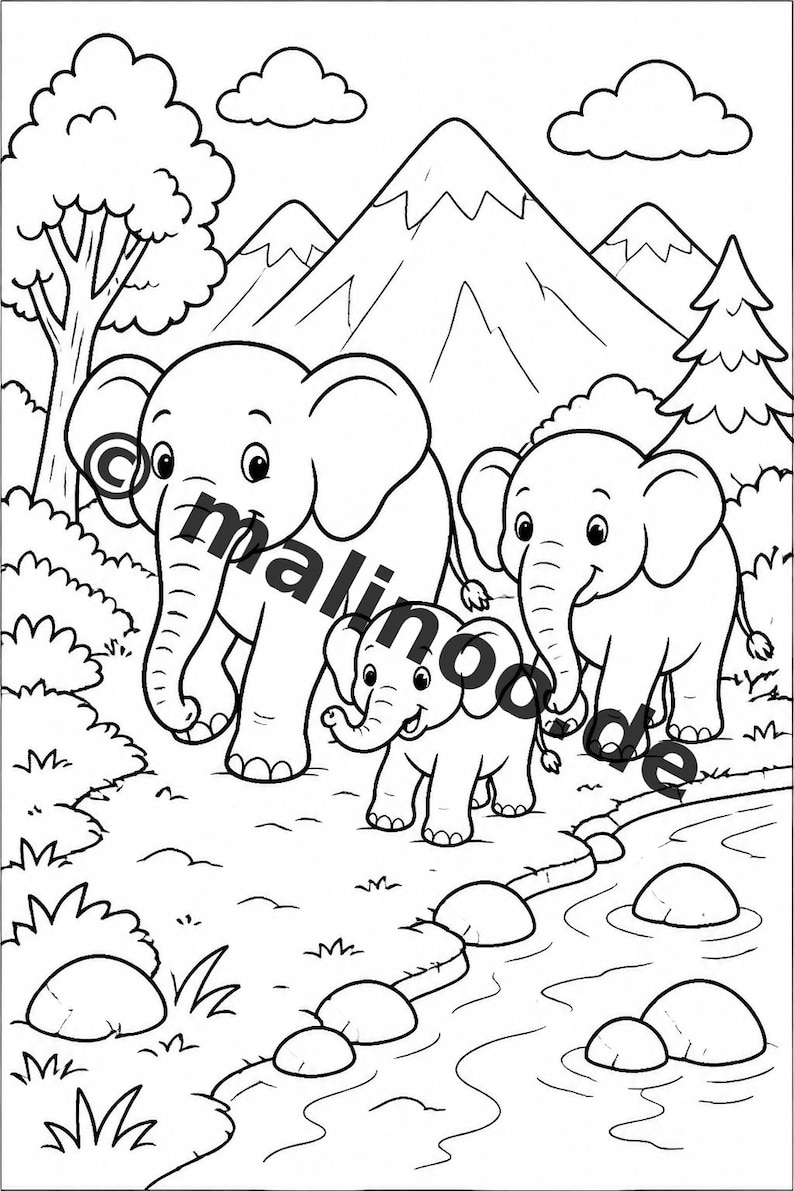 Elephant coloring book as a PDF for ages 3 and up – 100 pictures to color – printable template for home use, unlimited prints E2 image 8