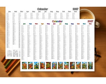 Dragons Calendar 2027 Printable, Coloring & Colored, PDF Download