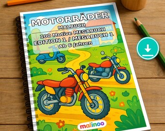 子供向けバイクぬりえブック – 100ページ – PDFダウンロード E1/B1 (DIN-A4) – ギフト、アクティビティ、アドベントカレンダー、誕生日