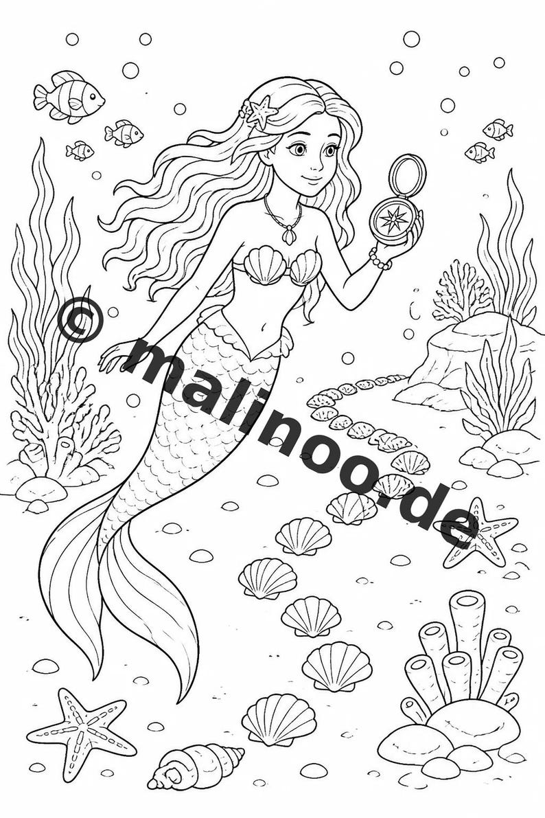 Livre de coloriage de sirènes pour enfants – 100 pages à colorier – Téléchargement PDF E1/B6 (DIN-A4) – Cadeau, activité, calendrier de l'Avent, anniversaire image 11
