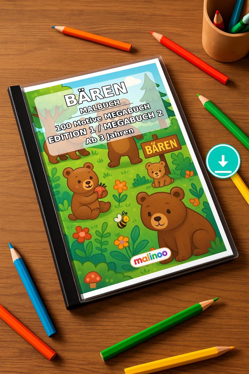 Berenkleurboek voor kinderen – 100 kleurplaten – PDF-download E1/B2 (DIN-A4) – Cadeau, activiteit, adventskalender, verjaardag afbeelding 1
