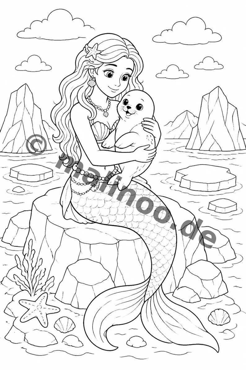100 Motive Meerjungfrauen zum Ausmalen ab 6 Jahren – kleines Ostergeschenk für Kinder – Malbuch zum Ausmalen (DIN-A4) E5 Bild 15