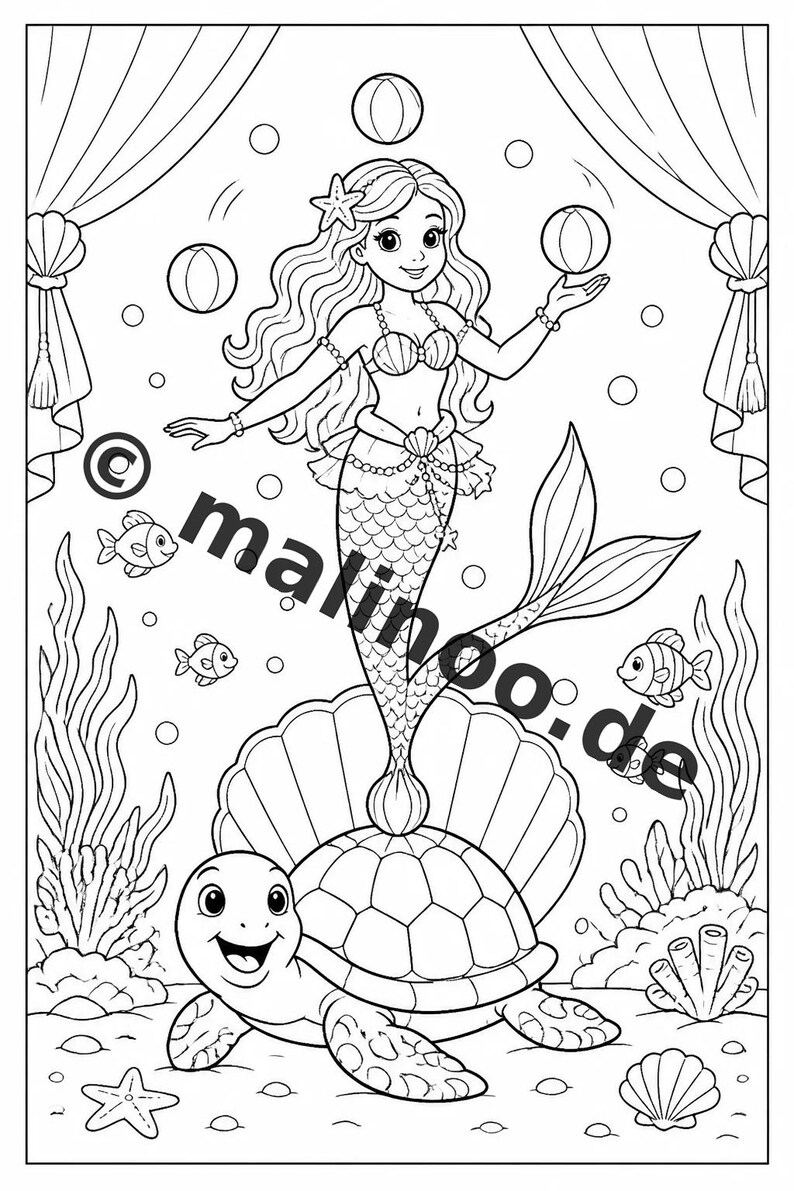 Meerjungfrauen Malbuch PDF Download digital – 100 Ausmalbilder für Kinder – MEGABUCH 01 Edition 1 (DIN-A4) imagem 8