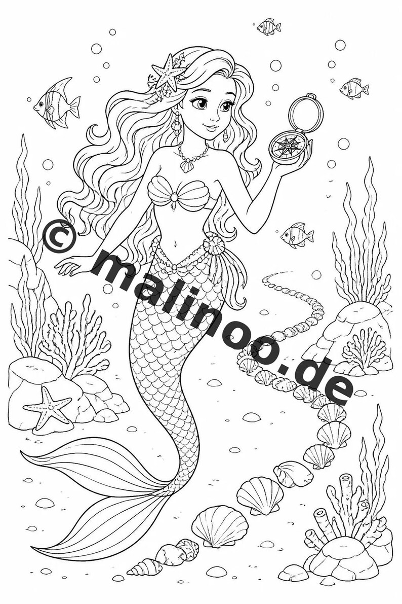 Meerjungfrauen Malbuch Kinder – 100 Ausmalbilder – PDF Download E1/B5 (DIN-A4) – Geschenk, Beschäftigung, Adventskalender, Geburtstag Bild 11