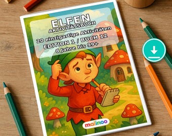 以下が含まれることがあります： ELFEN AKTIVITÄTSBUCH 20 einzigartige Aktivitäten EDITION 1 / BUCH 12 8 Jahre bis 99+というタイトルのアクティビティブック。エルフのイラストが描かれており、木製の表面に数本の色鉛筆が置かれています。