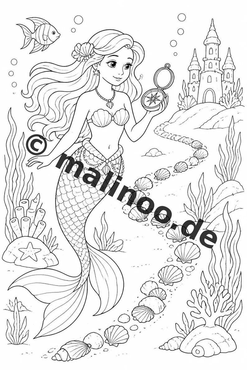 Meerjungfrauen Malbuch PDF Download digital – 100 Ausmalbilder für Kinder – MEGABUCH 01 Edition 1 (DIN-A4) imagem 11