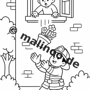 Livro de colorir infantil em estilo de quadrinhos sobre bombeiros – 100 páginas para colorir – Impresso + Folhas soltas E1/B1 (DIN A4) – Presente, atividade, calendário do Advento imagem 9