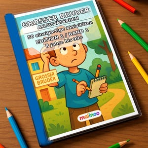 Könnte beinhalten: Ein blau gebundenes Aktivitätsbuch mit dem Titel GROSSER BRUDER AKTIVITÄTSBUCH und einer Cartoon-Illustration eines Jungen mit Notizblock und Stift. Das Cover zeigt den Text 50 einzigartige Aktivitäten, EDITION 1 / BAND 1 und 8 Jahre bis 99+.