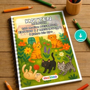 猫の塗り絵ブック PDF デジタル版ダウンロード – 子供向け塗り絵ページ100枚 – メガブック01 第1版 (DIN A4) 画像 1