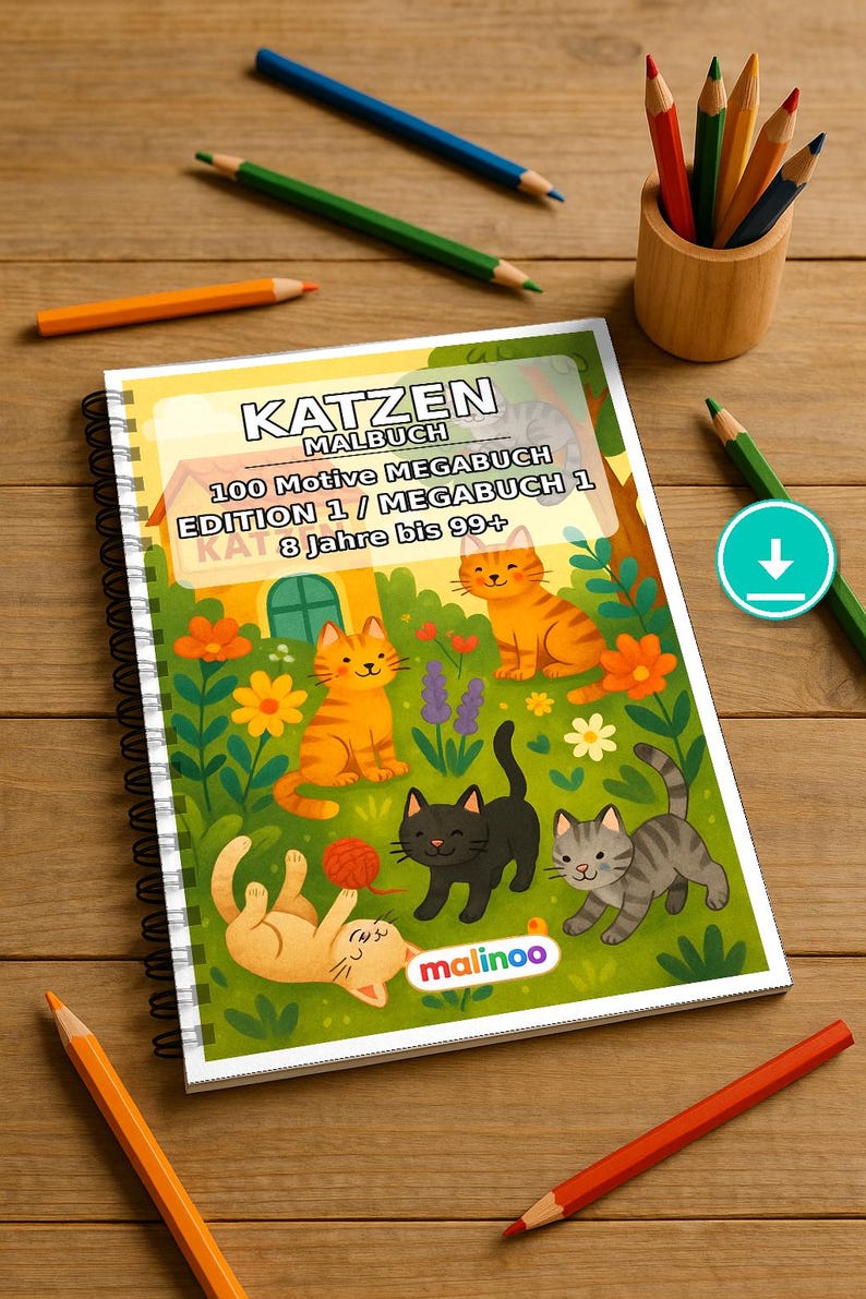 猫の塗り絵ブック PDF デジタル版ダウンロード – 子供向け塗り絵ページ100枚 – メガブック01 第1版 (DIN A4) 画像 1