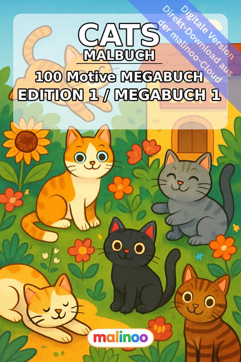 猫の塗り絵ブック PDF デジタル版ダウンロード – 子供向け塗り絵ページ100枚 – メガブック01 第1版 (DIN A4) 画像 2