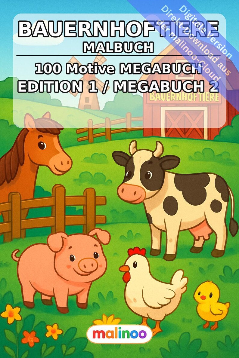 農場ぬりえブック PDF デジタル版ダウンロード – 子供向けぬりえ100ページ – メガブック02 第1版 (DIN A4) 画像 2