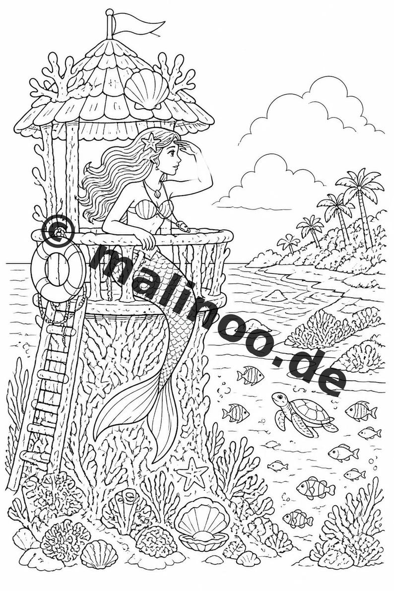 Meerjungfrauen Malbuch Kinder – 100 Ausmalbilder – gedruckt+lose E1/B1 (DIN-A4) – Geschenk, Beschäftigung, Adventskalender, Geburtstag Bild 9