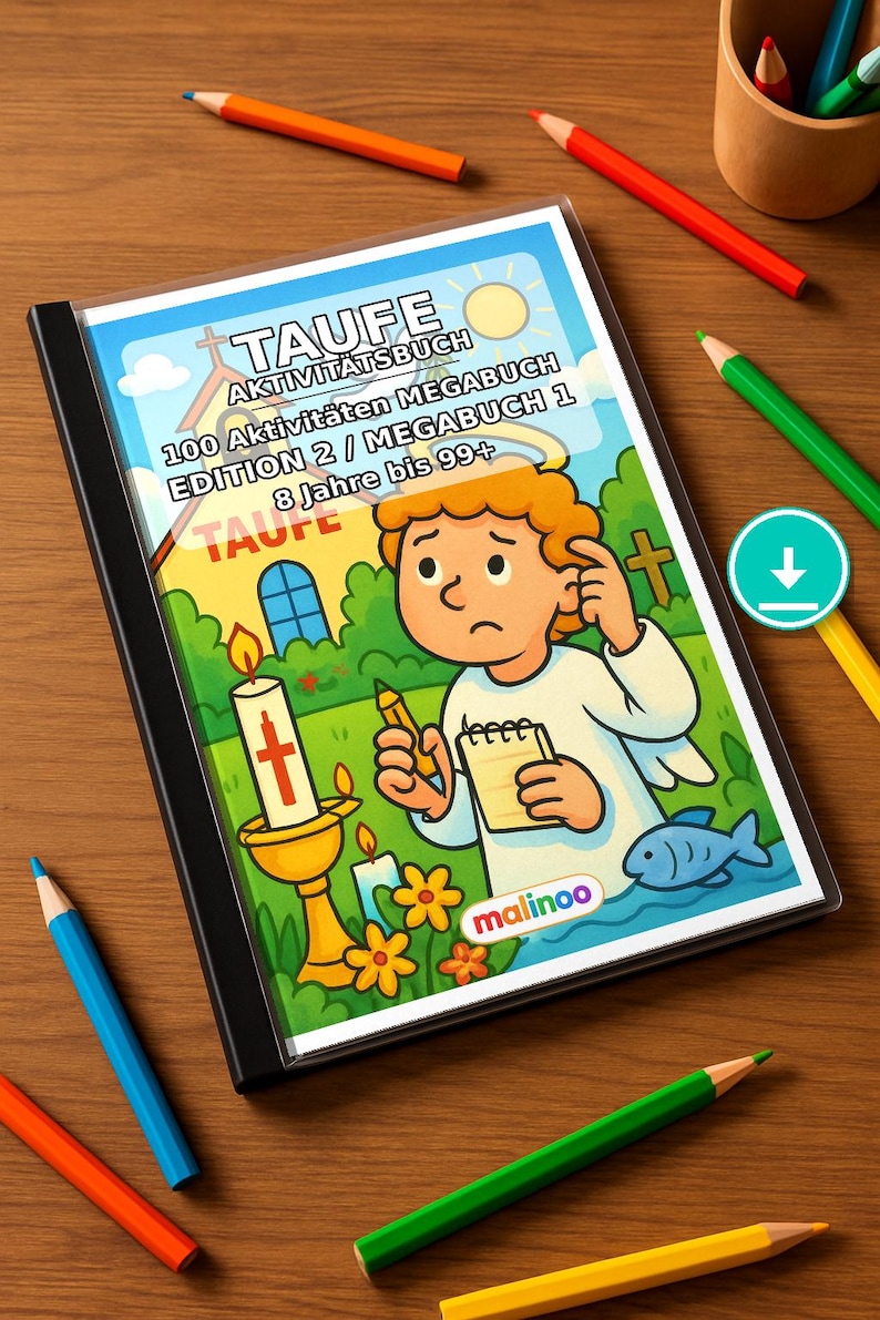 Taufe Knobelbuch zum Ausdrucken für Kinder – passendes Geschenk für 8-jährige Kinder – 100 Rätsel- und Aktivitätsseiten (PDF) E1 Bild 1