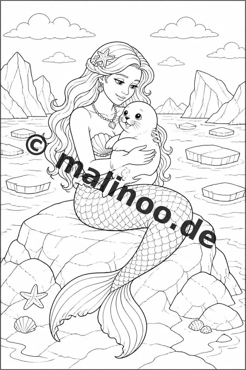 Libro para colorear de sirenas para niños – 100 páginas para colorear – Descarga en PDF E1/B4 (DIN-A4) – Regalo, actividad, calendario de adviento, cumpleaños imagen 4
