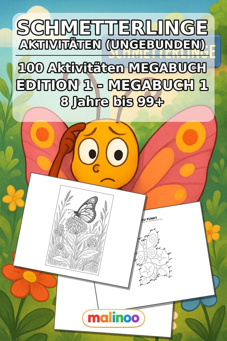Activiteitenboek met vlinders voor kinderen – 100 puzzel- en activiteitenpagina's – Gedrukt + losse pagina's E1/B1 (DIN A4) – Cadeau, Activiteitenboek afbeelding 2