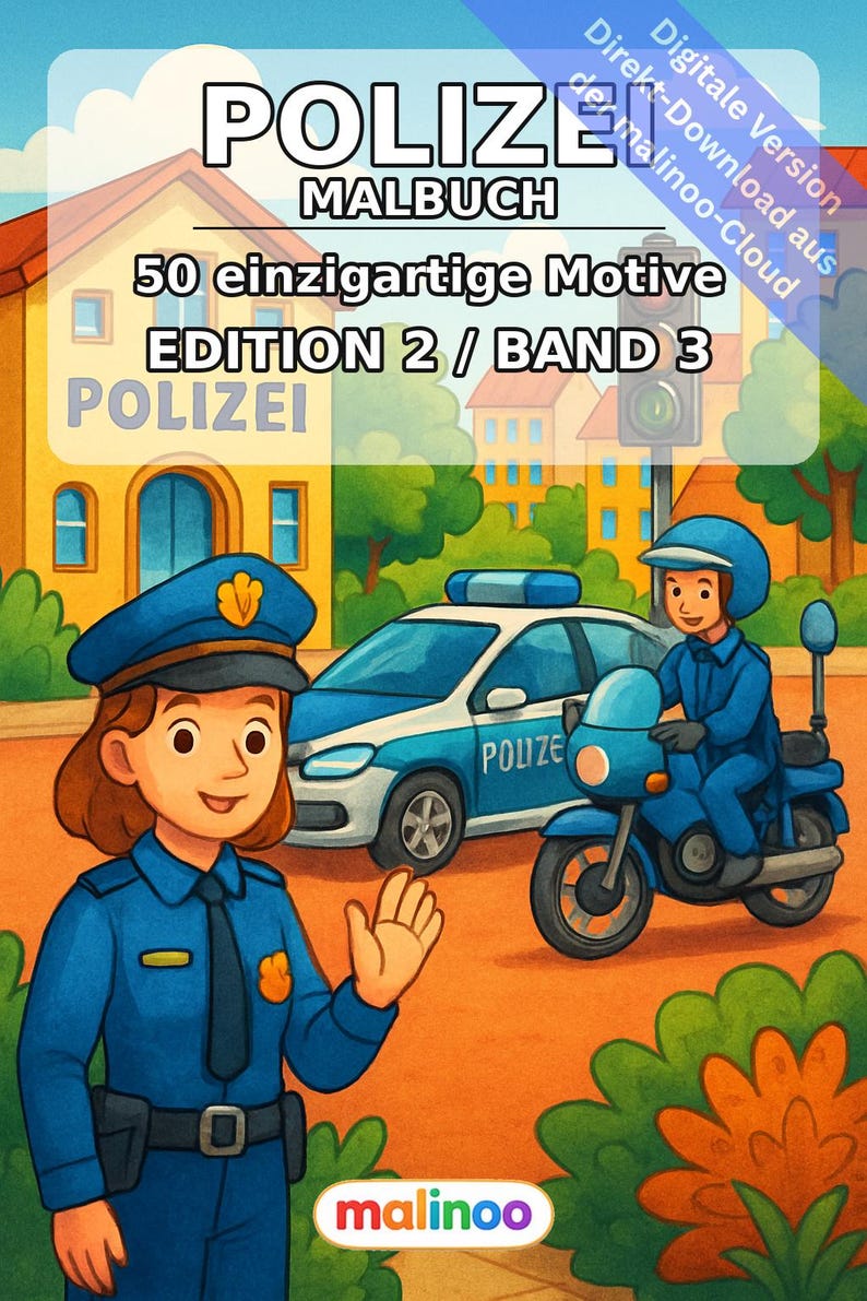 Livre de coloriage Police pour enfants – 50 pages à colorier – Téléchargement PDF E1/B3 (DIN-A4) – Cadeau, activité de voyage, anniversaire, loisirs image 2
