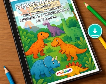 Dinosaur Coloring Book for Kids – 100 Coloring Pages – PDF Download E1/B3 (DIN-A4) – Gift, Activity, Advent Calendar, Birthday
