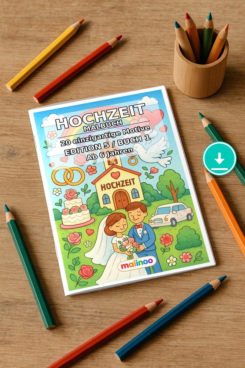 Livre de coloriage créatif sur le thème du mariage pour enfants – Idée cadeau pour petits-enfants et filleuls – 20 pages à colorier (PDF) E1/B5 image 1
