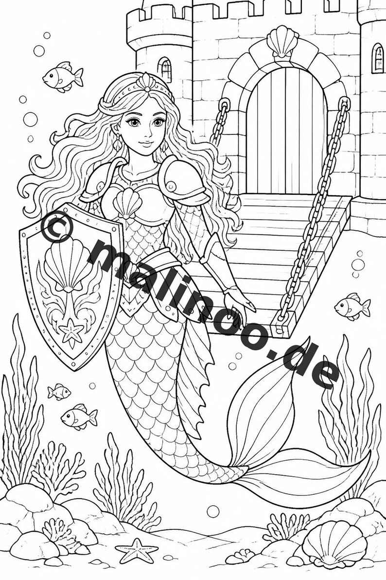 Meerjungfrauen Malbuch Kinder – 100 Ausmalbilder – gedruckt+lose E1/B1 (DIN-A4) – Geschenk, Beschäftigung, Adventskalender, Geburtstag Bild 6