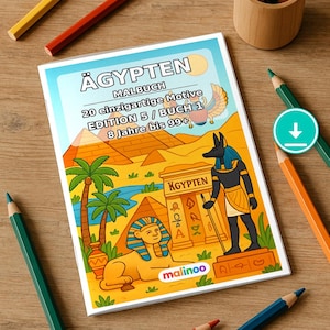May include: A colouring book titled ÄGYPTEN MALBUCH with 20 unique motifs, Edition 5, Book 1, for ages 8 to 99+. The cover features a colourful illustration of pyramids, a sphinx, and an Anubis figure, with the malinoo logo at the bottom.