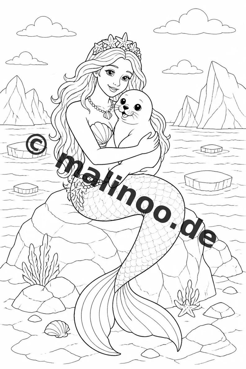 Livre de coloriage de sirènes pour enfants – 100 pages à colorier – Téléchargement PDF E1/B3 (DIN-A4) – Cadeau, activité, calendrier de l'Avent, anniversaire image 4