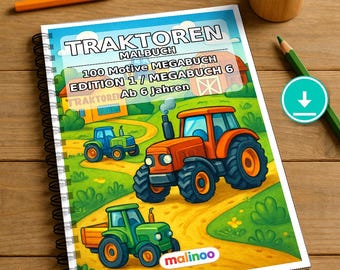 Könnte beinhalten: Ein spiralgebundenes Malbuch mit dem Titel TRAKTOREN MALBUCH 100 Motive MEGABUCH EDITION 1 / MEGABUCH 6 Ab 6 Jahren, das eine Comic-Illustration von orangefarbenen, blauen und grünen Traktoren auf einem Bauernhof zeigt, umgeben von Buntstiften.