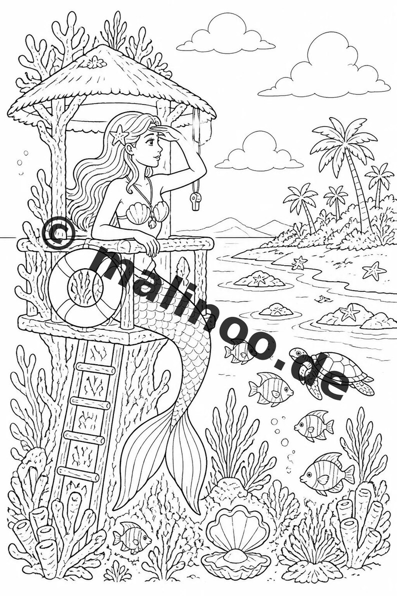 Meerjungfrauen Malbuch Kinder – 100 Ausmalbilder – PDF Download E1/B5 (DIN-A4) – Geschenk, Beschäftigung, Adventskalender, Geburtstag Bild 9