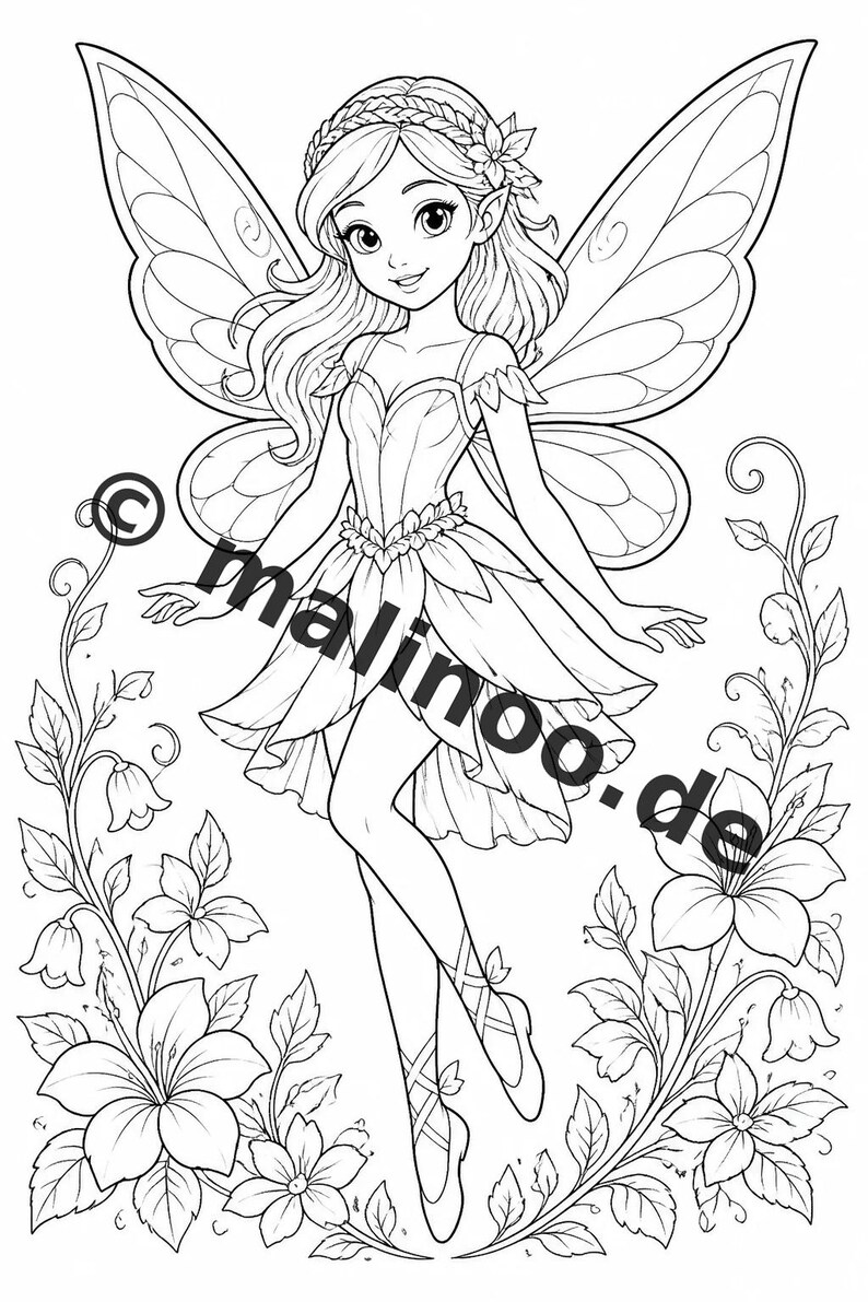 Fairy Coloring Book for Children – 50 Coloring Pages – PDF Download E1/B1 (DIN-A4) – Gift, Travel Activity, Birthday, Activity image 4
