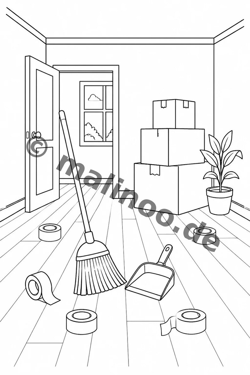 引っ越しします！子供向け塗り絵 – リラックスとマインドフルネスのための塗り絵 – 20ページ (PDF) E1/B1 画像 5