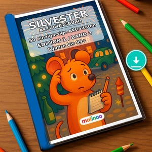 May include: A rectangular activity book titled SILVESTER AKTIVITÄTSBUCH with a blue spine, featuring an illustration of an orange mouse holding a notepad and pencil, surrounded by fireworks, a green car, and a tree, with colored pencils nearby.