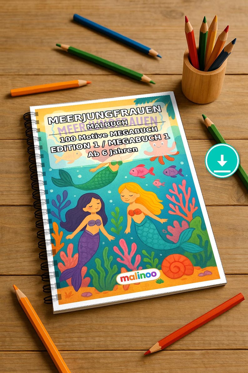 Meerjungfrauen Malbuch PDF Download digital – 100 Ausmalbilder für Kinder – MEGABUCH 01 Edition 1 (DIN-A4) imagem 1