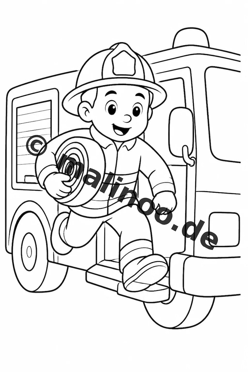 Livro de colorir infantil em estilo de quadrinhos sobre bombeiros – 100 páginas para colorir – Impresso + Folhas soltas E1/B1 (DIN A4) – Presente, atividade, calendário do Advento imagem 7