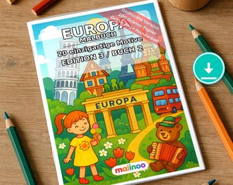 Livro de colorir Europa em PDF para download digital – 20 páginas para colorir para crianças – Livro 02 Edição 1 (DIN-A4)