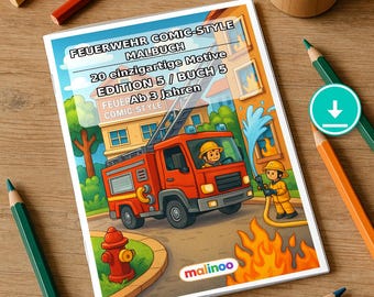 Może przedstawiać: Kolorowanka zatytułowana FEUERWEHR COMIC-STYLE MALBUCH 20 einzigartige Motive EDITION 5 / BUCH 5 FEUERAb 3 Jahren COMIC-STYLE przedstawiająca czerwony wóz strażacki, strażaka i hydrant, otoczona kredkami.