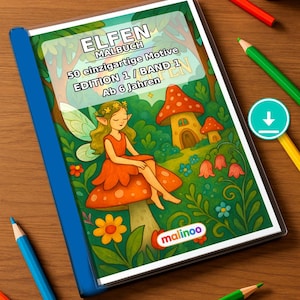 Elfen Malbuch Kinder – 50 Ausmalbilder – PDF Download E1/B1 (DIN-A4) – Geschenk, Reisebeschäftigung, Geburtstag, Beschäftigung Bild 1