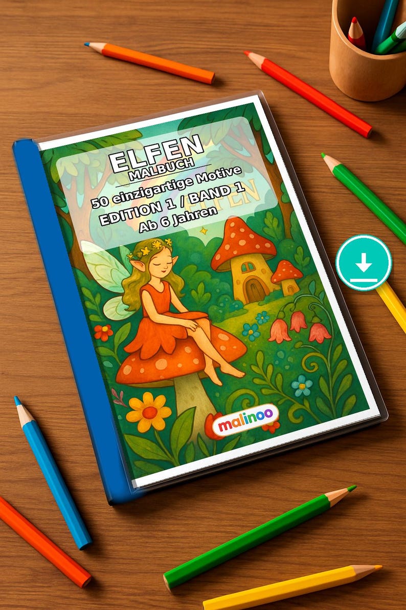 Elfen Malbuch Kinder – 50 Ausmalbilder – PDF Download E1/B1 (DIN-A4) – Geschenk, Reisebeschäftigung, Geburtstag, Beschäftigung Bild 1