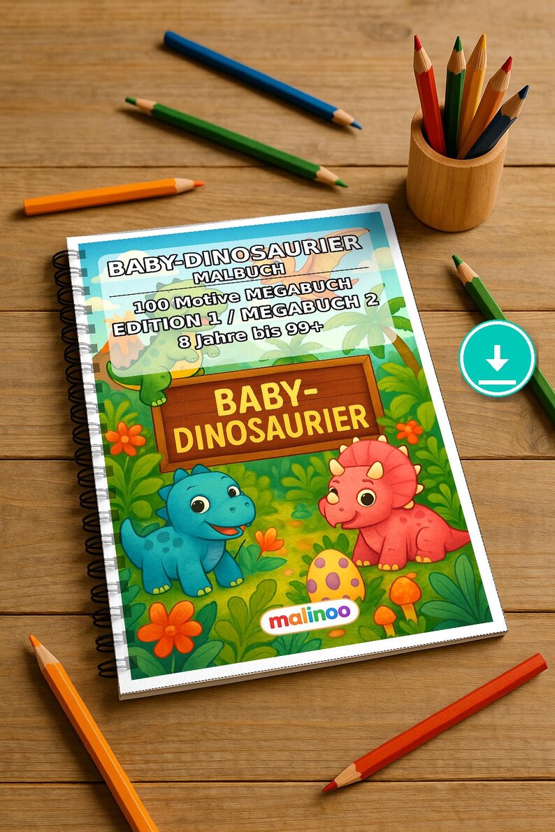 Libro para colorear de dinosaurios bebés en formato PDF (descarga digital): 100 páginas para colorear para niños – MEGA LIBRO 02 Edición 1 (DIN A4) imagen 1