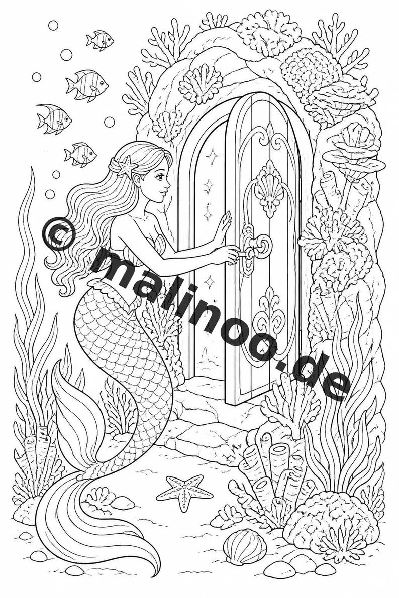 Meerjungfrauen Malbuch Kinder – 100 Ausmalbilder – gedruckt+lose E1/B1 (DIN-A4) – Geschenk, Beschäftigung, Adventskalender, Geburtstag Bild 10