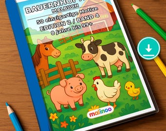 Kleurboek met boerderijdieren voor kinderen – 50 kleurplaten – PDF-download E1/B4 (DIN-A4) – Cadeau, reisactiviteit, verjaardag, knutselactiviteit