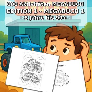 Monster Trucks Activiteitenboek voor Kinderen – 100 Puzzel- en Activiteitenpagina's – Gedrukt + Losse pagina's E1/B1 (DIN A4) – Cadeau, Activiteitenboek afbeelding 2